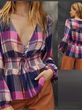 Antropologie Pilcro Pink and Navy Plaid Gathered-Waist Blouse